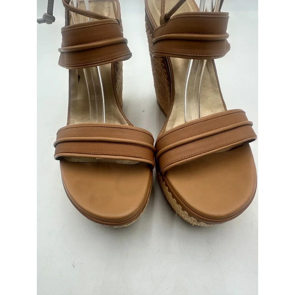 Stuart Weitzman Abandon Tan Leather Lace Up Espadrille Raffia Wedge Size 11M